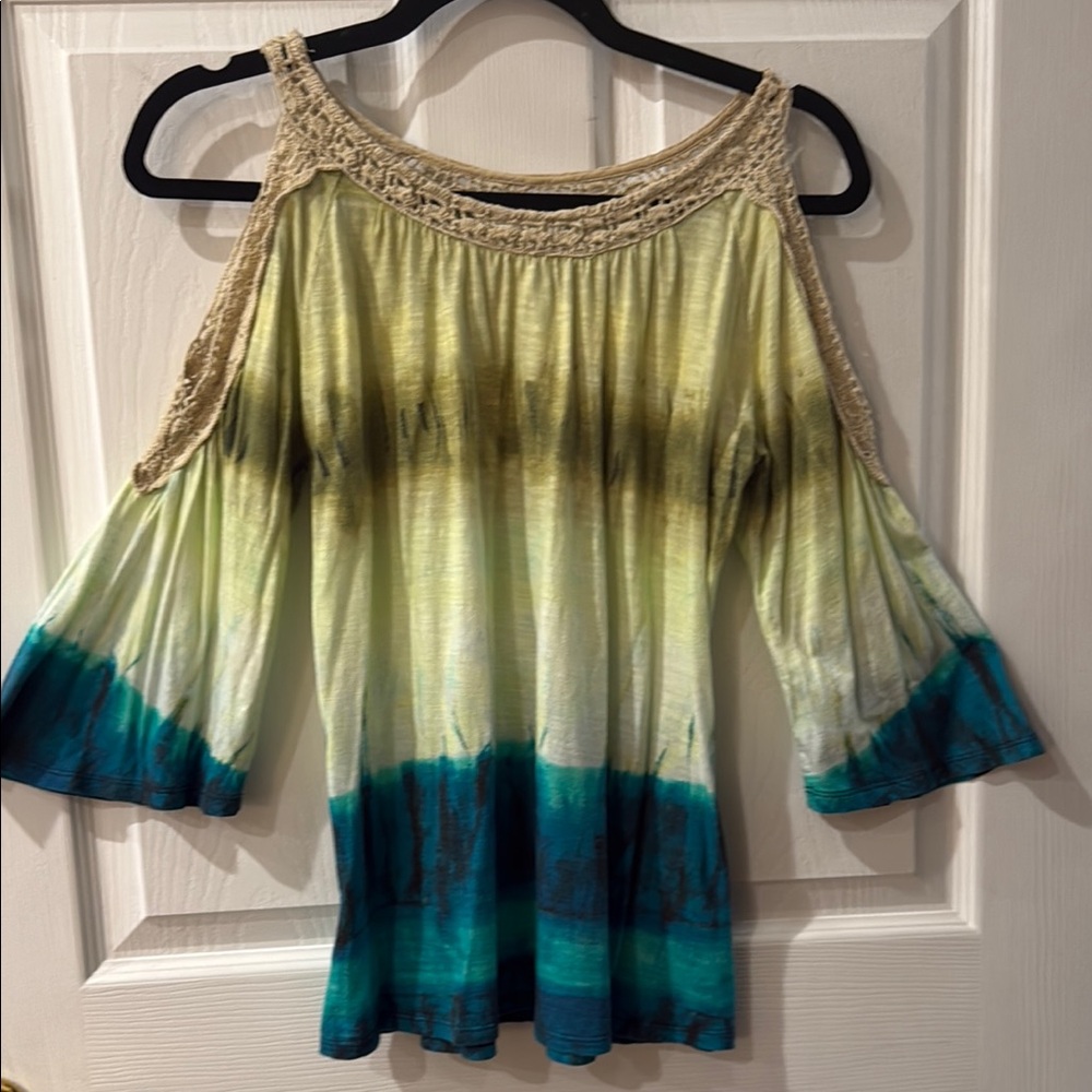 Chico's Tie Died Cold Shoulder Bell Sleeve Blouse